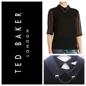 Ted Baker Black Sheer Sleeve Bow Collar Chain Detail Top Size 0